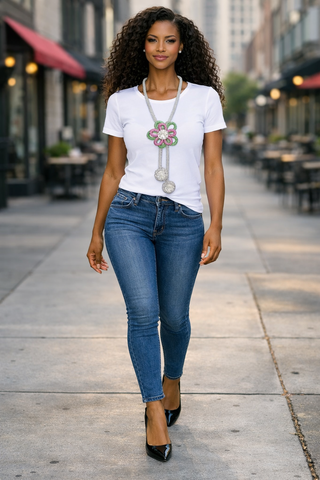 AKA Pink & Green Rhinestone Flower Statement Necklace