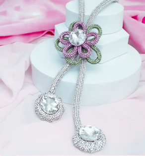 AKA Pink & Green Rhinestone Flower Statement Necklace