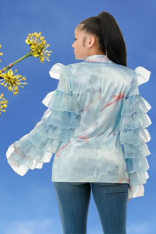 Plus Size Azure Sheer Layered Ruffle Long Sleeve Double Breasted Blazer