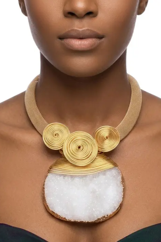 White Druzy Stone Pendant Gold Collar Necklace