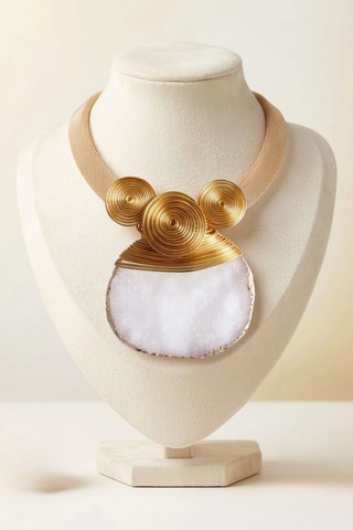 White Druzy Stone Pendant Gold Collar Necklace