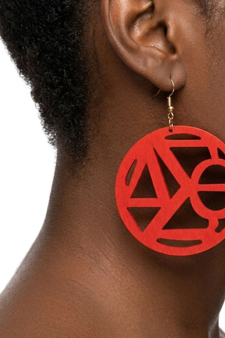 Dst Round Red Wood Greek Letter Fish Hook Earrings