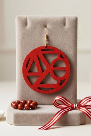 Dst Round Red Wood Greek Letter Fish Hook Earrings