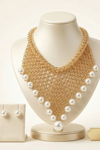 Gold Mesh Pearl Bib Necklace with Earring Set