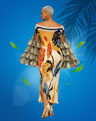 Golden Bloom Feathered Sleeve Dress