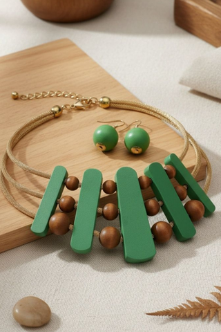 Green Wood Swag Choker Necklace & Earring Set