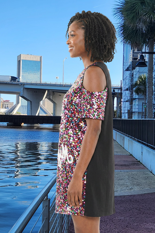 Its My Birthday Cold Shoulder Sequin Shirt Dress