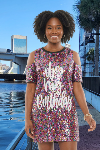 sequins shirt dress Its My Birthday Cold Shoulder Sequin Shirt Dress – Beyond Think Boutique