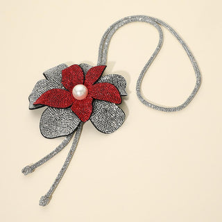 Silver & Red Rhinestone Petal Necklace