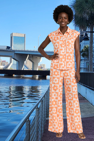 Tangerine Bloom Short Sleeve Top and Pant Set
