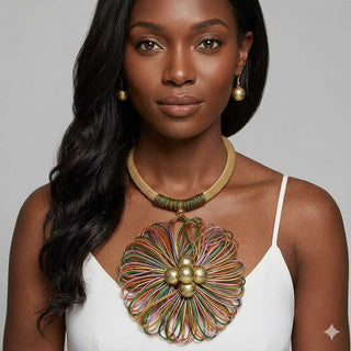 Oversized Multi-Color Floral Pendant Statement Necklace Set