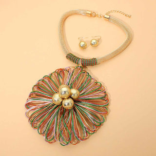 Oversized Multi-Color Floral Pendant Statement Necklace Set